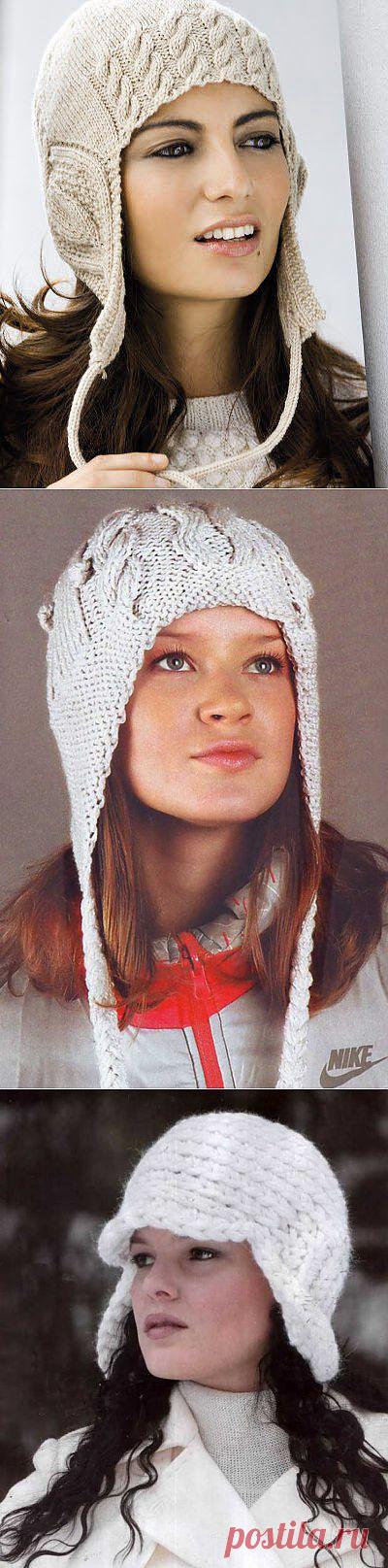 Вязаные женские шапочки с ушками или завязками..