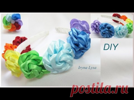 Обруч "Квіткова веселка"/Ободок "Цветочная радуга". Канзаши из лент 2.5/ Kanzashi tutorial