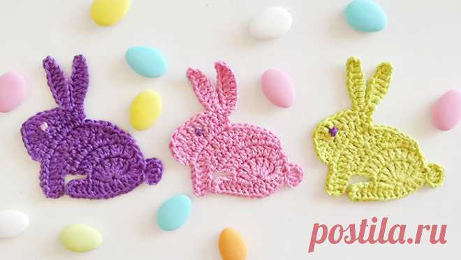 Crochet bunny rabbit applique motifs - Knit & Crochet blog Crochet a cute bunny rabbit applique motif for Easter or for children's items. Step by step instructions on video and a close-up photo of the crochet stitches.