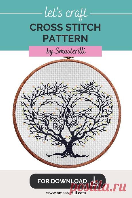Skeleton cross stitch pattern, skulls in tree branches embroidery ornament by Smasterilli/ Digital cross stitch pattern for instant download.