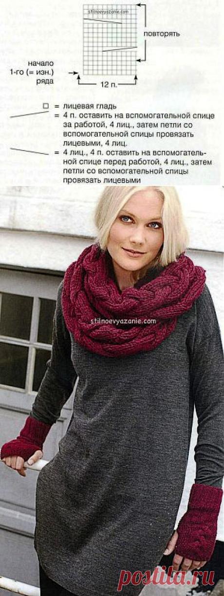 Перчатки без пальцев и объемный шарф связанные спицами / Стильное вязание