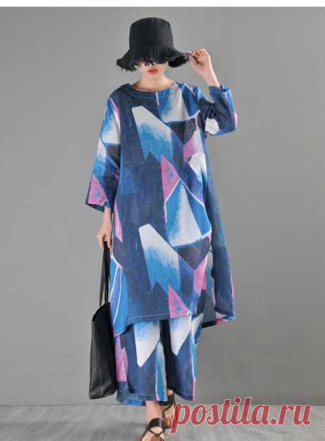 Blue Ramie Geometric Pattern Dress-Chinese Abstract Print | Etsy