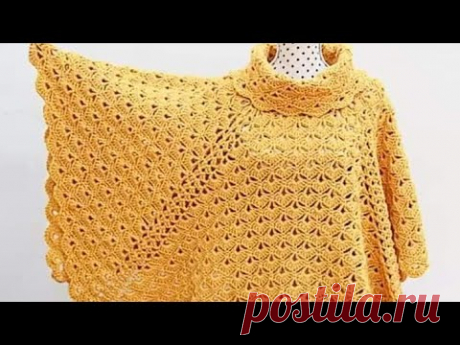 كروشية // بونشو مربع بغرزة الصدفة المصمتة لكل المقاسات