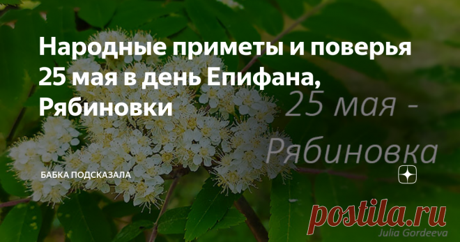 Народные приметы и поверья 25 мая в день Епифана, Рябиновки Народные приметы и поверья 25 мая. Какой праздник принято отмечать двадцать пятого мая. 25 мая - Рябиновка, Епифан. Народные приметы и поверья 25 мая. В народе 25 мая принято почитать рябину. Поэтому и название дня - Рябиновка. Считается, что рябина способна защитить семью от всего дурного и злого. Для этого рядом со своим домом принято было высаживать это дерево. По народным поверьям, если подойти к рябине, обнят...