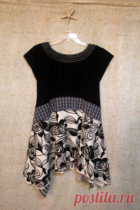 REVIVAL Women's Upcycled Boho Knit Shirt, Shabby Chic Plaid Romantic Junk Gypsy…