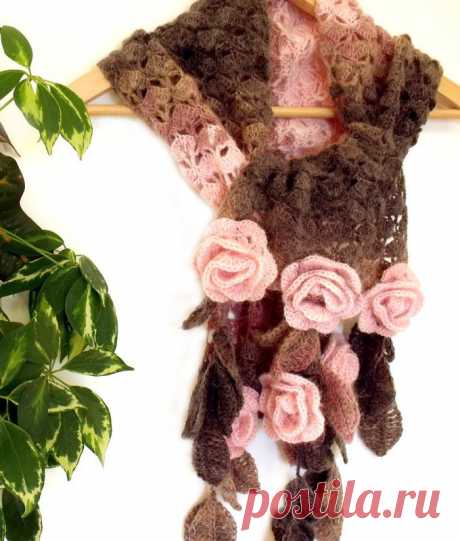 «Шарф крючком &quot;Веера, розочки - листочки&quot;» .