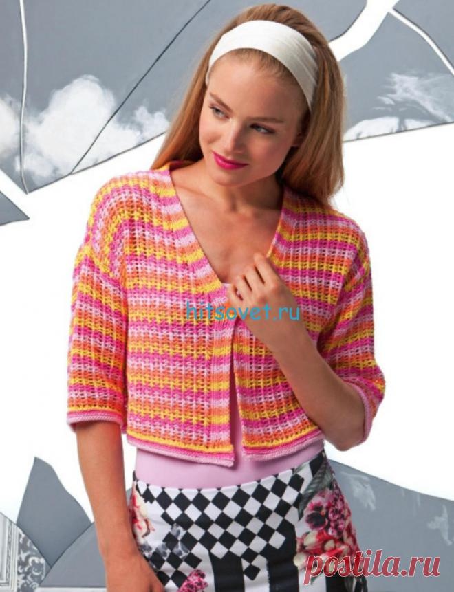 Женский вязаный жакет с ажуром - Хитсовет Женский вязаный жакет с ажуром. Вам потребуется: пряжа LANG YARNS BABY COTTON (чесаный биохлопок) по 100/150/150/200 г = 2/3/3/4 мотков бледно-розового 112.0009, ярко-розового 112.0019, желтого 112.0014 и оранжевого 112.0028. LANG YARNS, спицы № 2,5 и № 3. 1 пуговица.