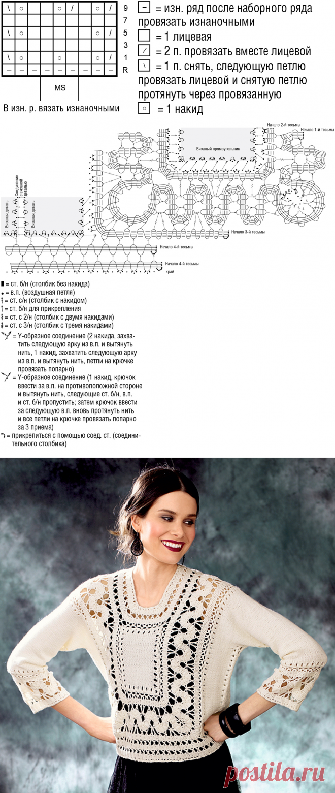 Пуловер с брюггским кружевом - схема вязания крючком. Вяжем Пуловеры на Verena.ru
