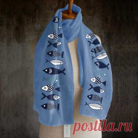 Women Solid Color Fishes Printing Pattern Linen Long Scarf Shawl Wrap Multi-purp - US$18.99