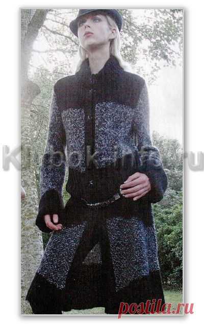 Вязание спицами. Строгое двухцветное пальто на пуговицах. Размеры: 42