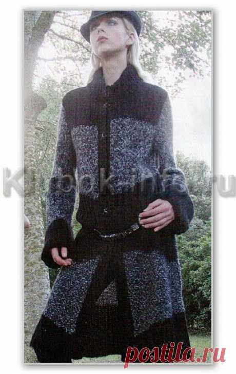 Вязание спицами. Строгое двухцветное пальто на пуговицах. Размеры: 42