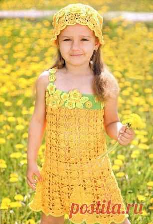 Вязание для детей - Вязаный сарафан и панамка » Вязание крючком - схемы, видео, уроки