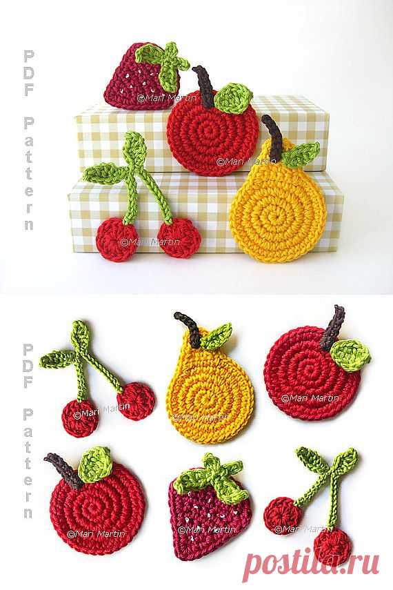 Crochet Fruit Applique Pattern Pear Apple Cherries от MariMartin