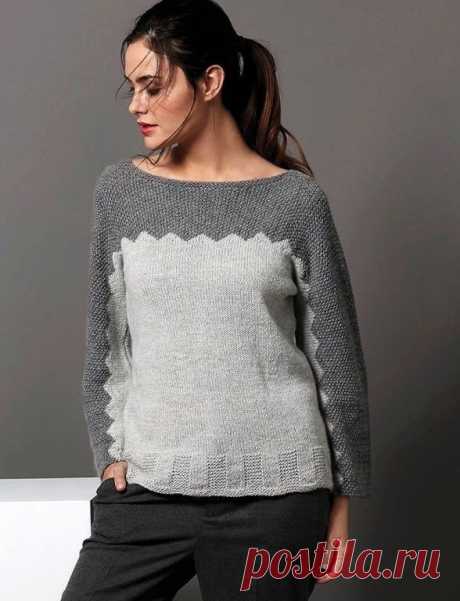 Двухцветный джемпер с цельновязанными рукавами. Спицами. / knittingideas.ru