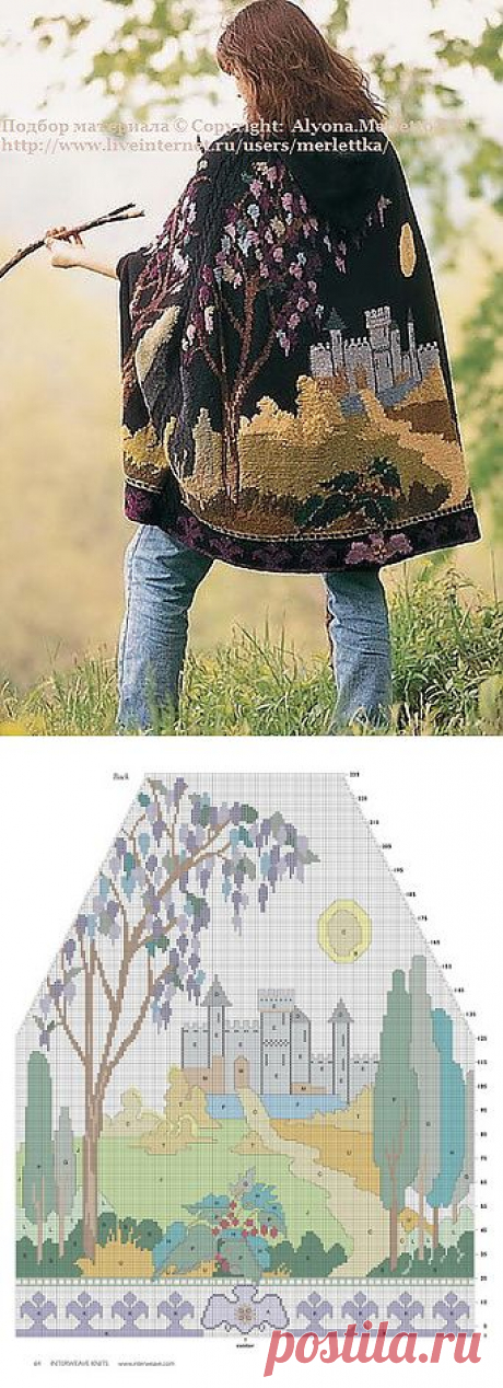 Пончо спицами с элементами вышивки по вязаному ...от Interweave Knits.
