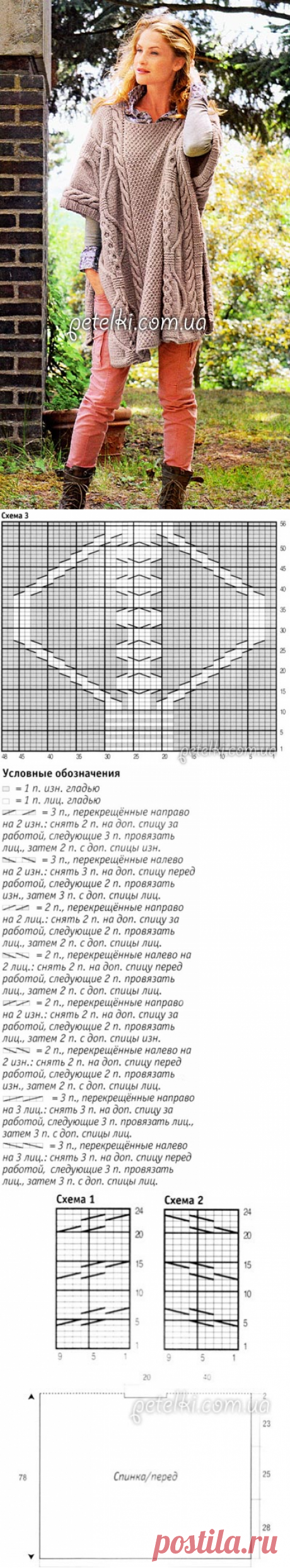 Вязаное спицами модное пончо. Схемы, описание вязания