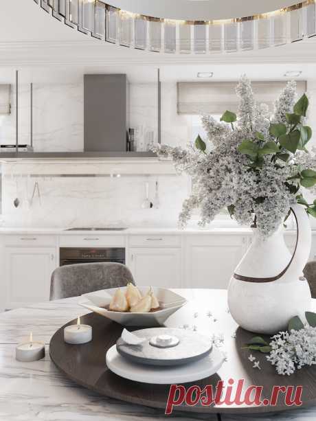 Элегантный интерьер дома — CHERRY MOOD в пригороде Днепра спроектирован для молодой семьи.
Пожелание клиента был дизайн интерьера, который включал в себя просторную функциональную кухню с классической композицией из круглого стола и роскошной люстрой.
В интерьере кухни фасады выполнены в белом цвете, чтобы визуально не загромождать пространство при таком количестве модулей.