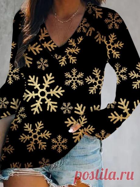 $ 22.89 - Christmas Xmas Long Sleeve V Neck Plus Size Printed Tops T-shirts - www.clothingi.com