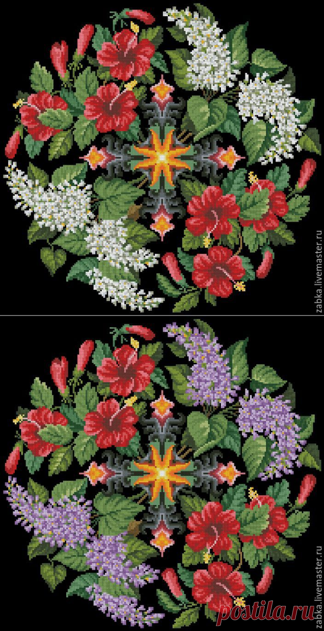 Купить Гибискус и сирень схема для вышивки - комбинированный, старая вышивка, схема для вышивки