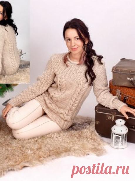 Вязание крючком и спицами - Пуловер с жемчужным узором и косами