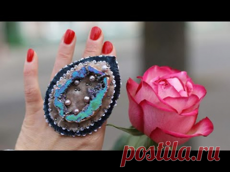 Крупное кольцо с вышивкой #авторскиеукрашения #вышивка