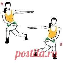 Молодая и красивая. Конькобежец. Опустись в неглубокий выпад, заведя правую ногу за левую по диагонали. Левую руку вытяни в сторону, правую – в том же направлении, но на уровне бедер (A).Прыгни точно вправо, поменяв в полете положения конечностей (B). Это один повтор. Продолжай скакать из стороны в сторону,...