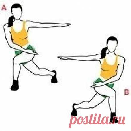 Молодая и красивая. Конькобежец. Опустись в неглубокий выпад, заведя правую ногу за левую по диагонали. Левую руку вытяни в сторону, правую – в том же направлении, но на уровне бедер (A).Прыгни точно вправо, поменяв в полете положения конечностей (B). Это один повтор. Продолжай скакать из стороны в сторону,...