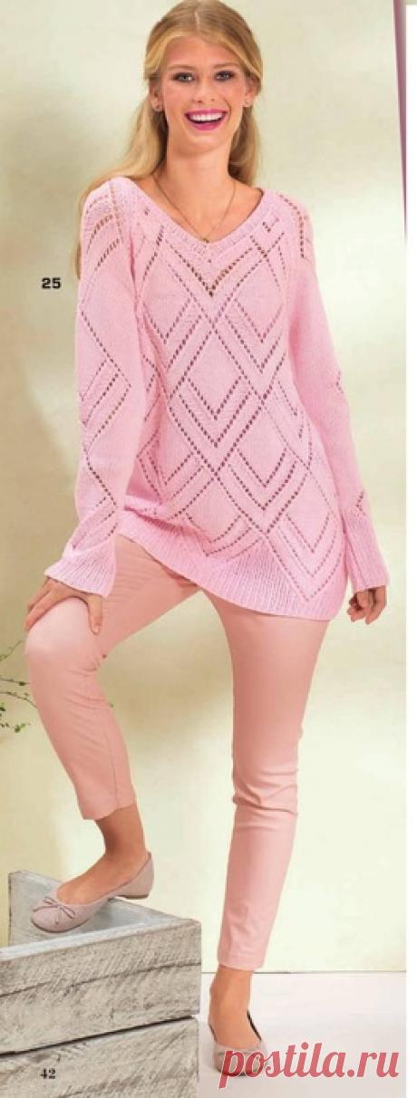 Пуловер с ажурным узором из ромбов. Модная туника спицами схемы | Домоводство для всей семьи.