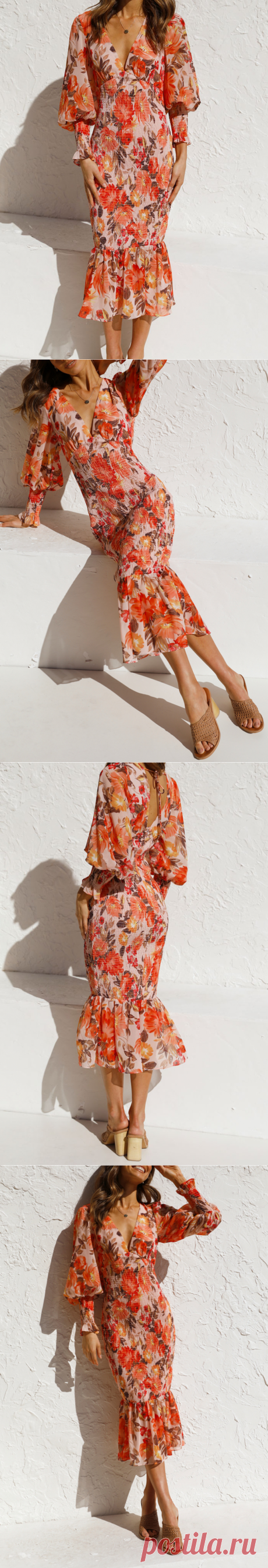 Fashion Print Split Joint V Neck Trumpet Mermaid Dresses - Cicicloth