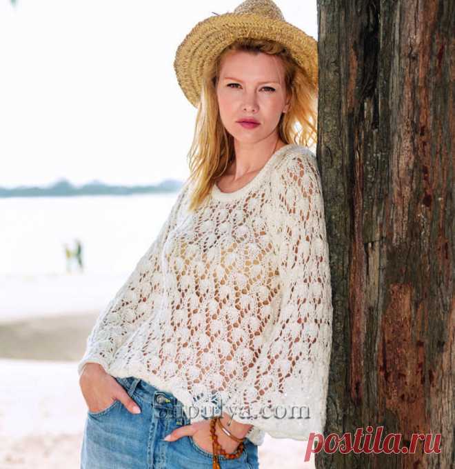 Белый ажурный пуловер с прямыми широкими рукавами — Shpulya.com - схемы с описанием для вязания спицами и крючком