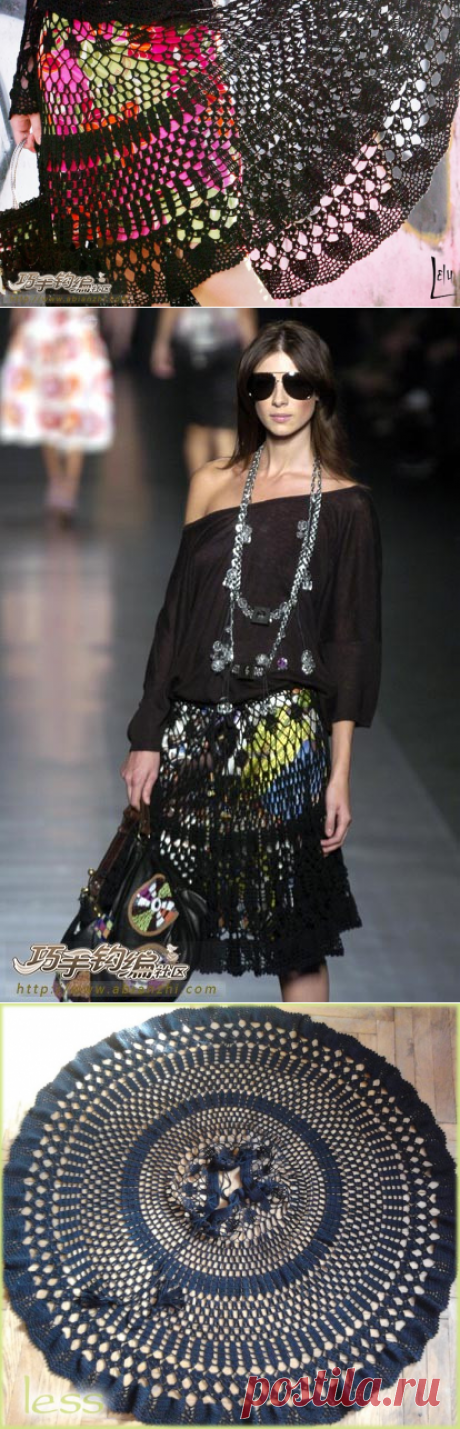 Прозрачная юбка крючком с цветным подкладом