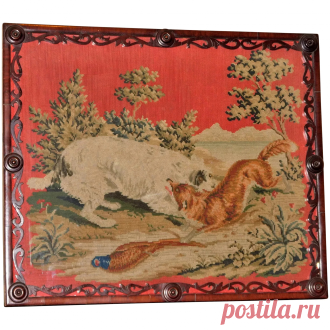 Mid-19th Century Woolwork of a Dog and Fox in Carved Frame : Perry-Joyce Fine Arts | Ruby Lane
