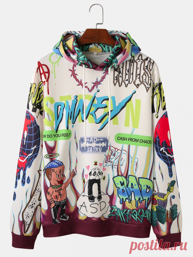 Mens All Over Graffiti Cartoon Letter Print Casual Drawstring Hoodies With Kanga - US$29.99
