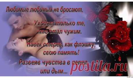 Любимые любимых не бросают.
Уходят только те, кто стал чужим,
Навек стерев, как флэшку, свою память,
Развеяв чувства в пепел или дым.
Любимые любимых не калечат,
Не ранят словом, и не предают,
А чувствами своими душу лечат,
И создают семью, тепло, уют.
Любимые любимым есть награда,
Им друг без друга в жизни смысла нет.
Достаточно всего лишь полувзгляда,
Чтобы зажечь внутри любимых свет.
Храните свое счастье, берегите.
Его не так-то просто раздобыть.
Любите же друг друга.  Да! Любите!
А без лю