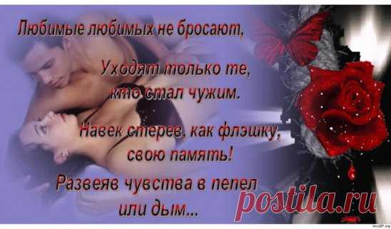 Любимые любимых не бросают.
Уходят только те, кто стал чужим,
Навек стерев, как флэшку, свою память,
Развеяв чувства в пепел или дым.
Любимые любимых не калечат,
Не ранят словом, и не предают,
А чувствами своими душу лечат,
И создают семью, тепло, уют.
Любимые любимым есть награда,
Им друг без друга в жизни смысла нет.
Достаточно всего лишь полувзгляда,
Чтобы зажечь внутри любимых свет.
Храните свое счастье, берегите.
Его не так-то просто раздобыть.
Любите же друг друга.  Да! Любите!
А без лю
