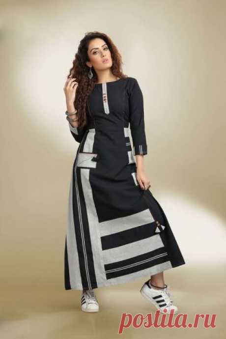 Buy designer indian kurtis | Latest kurtis Look classy in this supreme black &amp; grey geometric print patterns worked designer kurti enhanced with pocket &amp; buttons for show!