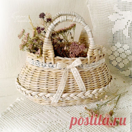Купить &quot;Весна&quot; Корзинка-сумочка плетеная - сумочка, корзинка, для цветов, плетеная, бежевая, шебби-шик