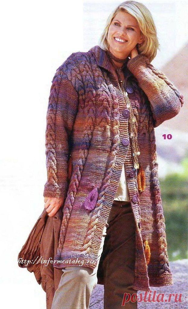 Меланжевое Пальто с Косами — Спицами | Ниточка