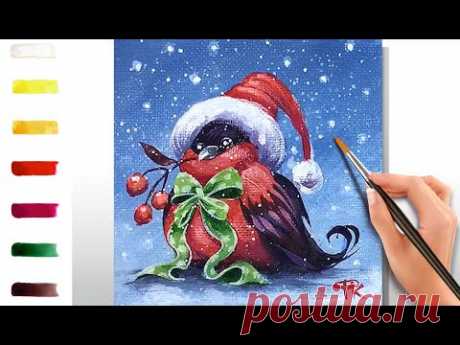 Новогодняя птичка. Открытка. Как нарисовать 🎨АКРИЛ! Сезон 8-19 | Мастер-класс ДЕМО