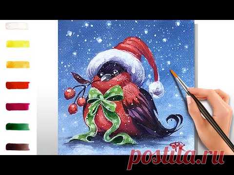 Новогодняя птичка. Открытка. Как нарисовать 🎨АКРИЛ! Сезон 8-19 | Мастер-класс ДЕМО