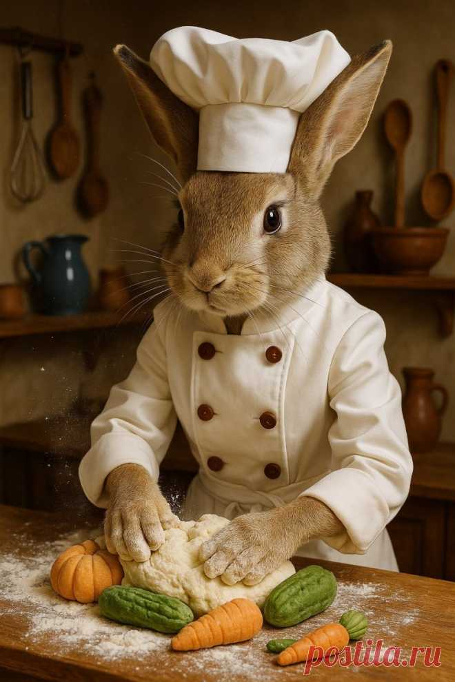 Забавный пекарь-кролик и овощное тесто в уютной кухне. Изображение из нейронной сети Sora Images - Sora Images примеры промтов - Форум ИИ о нейросетях - Yes Ai