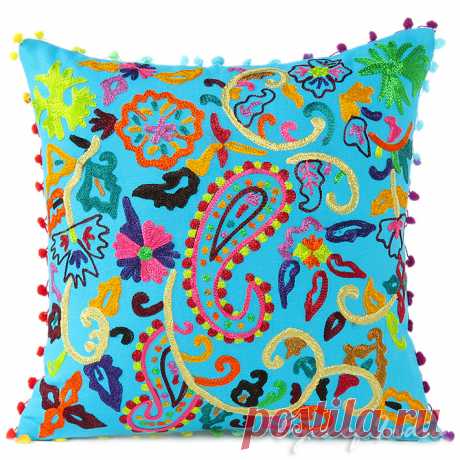 Azul bordado colorido decorativo Boho Bohemio sofá almohada sofá cojín tiro cubierta - 16 "| Almohadas bordadas | Ojos de la India
