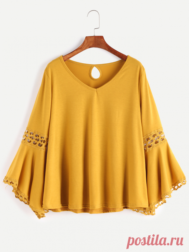 T-shirt à col V contrasté de crochet avec trou au dos -jaune -French SheIn(Sheinside)