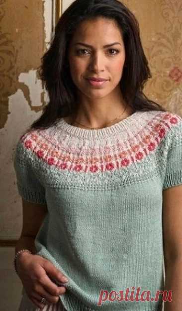 Футболка с круглой жаккардовой кокеткой спицами Футболка с круглой жаккардовой кокеткой спицамиРазмеры:1 (2, 3, 4, 5, 6)Окружность груди – 81-86 (91-97, 102-107, 112-117, 122-127,&nbsp;132-137) см,Окружность груди готового изделия – 90 (98, 108, 120, 130, 138) см,
Длина – 51 (52, 54.5, 55.5, 56.5, 58.5) см.Необходимые...