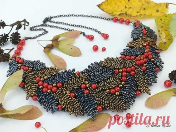Leaf embroidery necklace Bronze bead embroidery necklace | Etsy