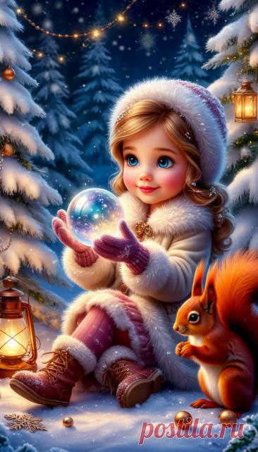 Маленькая диснеевская принцесса ,в шубке ,варежки и валенки ,сидит возле белых пушистых ёлок ,в руках держит светящийся прозрачный шар .Рядом рыжая белка . Мех,жемчуг, снежинки.Фонарики,гирлянды. Сказка ,волшебство.