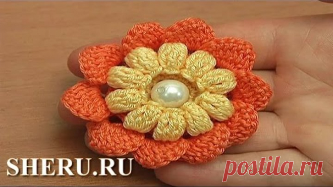 Вязание крючком цветка с попкорнами Урок 115