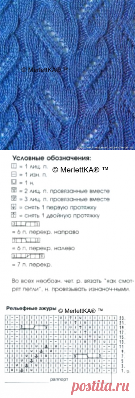 Вязание спицами - Узор рельефные ажуры