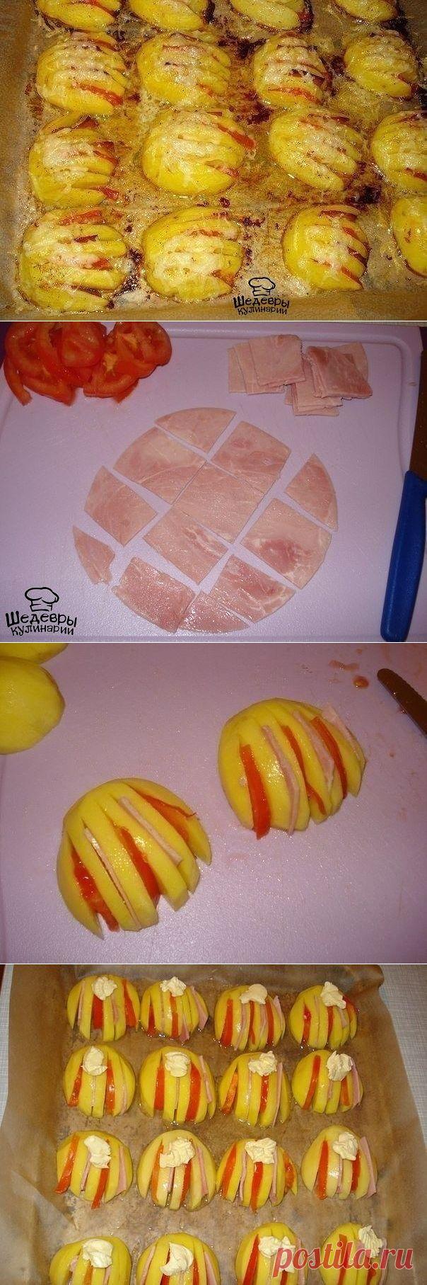 РАКУШКИ КАРТОФЕЛЬНЫЕ !!!  **Картофель 1кг  -пополам, на ломтики, не до конца. Ветчина -пластиныи, томат -п/кольца. *В картофель: в надрезы, чередуя -ветчина, томат, соль, перец. *Противень с бумагой: на картофель -слив/масло или майонез. *В духовку на 40мин, вынуть -тёртый сыр, и ещё на 5мин.