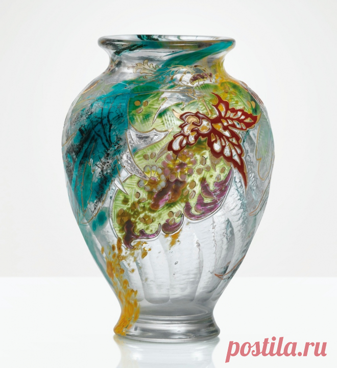 Emile Gallé
VASE, VERS 1889
AN ACID-ETCHED, ENAMELLED AND INTERNALLY DECORATED GLASS VASE, CIRCA 1889. SIGNED
verre facetté à poudres intercalaires polychromes, gravé à l'acide, décor émaillé polychrome et rehaussé d'or 
Signature gravée E. Gallé Nancy au revers
16,3 x 12 cm (6 3/8 x 4 3/4 in.)
http://www.sothebys.com/en/auctions/ecatalogue/2015/d..